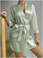 Pajamas women summer European and American ladies lace-up bathrobe sexy morning gown home dress can wear ice silk robe
