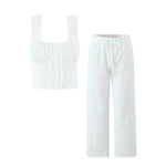 Foridol Hollow Out Cotton Women's 2 Pieces Set White Summer Pants Set Embroidery Top Pants Suit Matching Set Beach Casual Pants