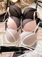 Sexy Hollow Underwear Set for Women 3/4 Cup Push Up Bra Lace Splicing Color Brassiere and Panties Ladies Intimates Lingerie