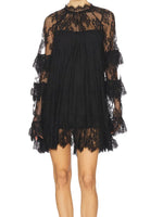 Women See Through Lace Dress Layered Flare Long Sleeve Crew Neck Ruffle Dress for Party Cocktail Club Dress Cover-ups