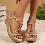 Plus Size 43 Chunky Wedges Bohemian Sandals Women 2026 Summer Beads Non Slip Platform Sandles Woman Elastic Band Rome Sandalias