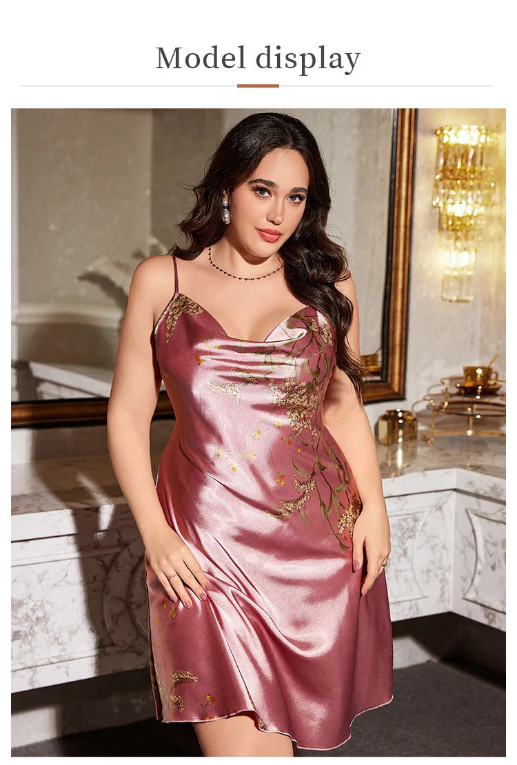 Plus Size Ice Silk Suspender Skirt Spring and Summer Sexy Printed Simple Pajamas Women's Home Wear Pajamas Nightgown Sleepwear