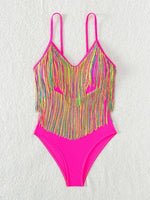 Colorful Tassel One Piece Swimsuit Women Sexy Hot Pink Push Up Tummy Control Swimwear Beach Backless Bathing Suit Monokini 2024