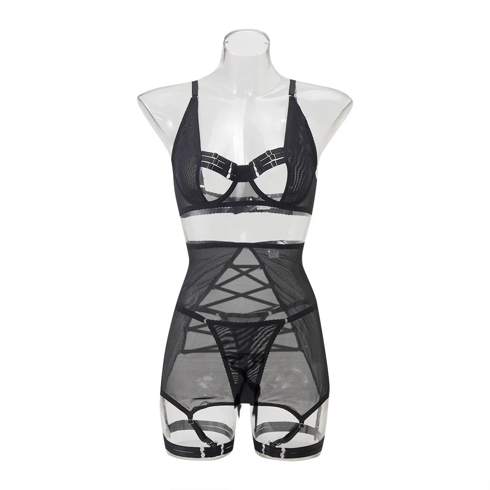 Summer new women's sexy strappy see-through mesh lingerie four-piece set Women's Pajama Lace Underwear Set Intimates 2025