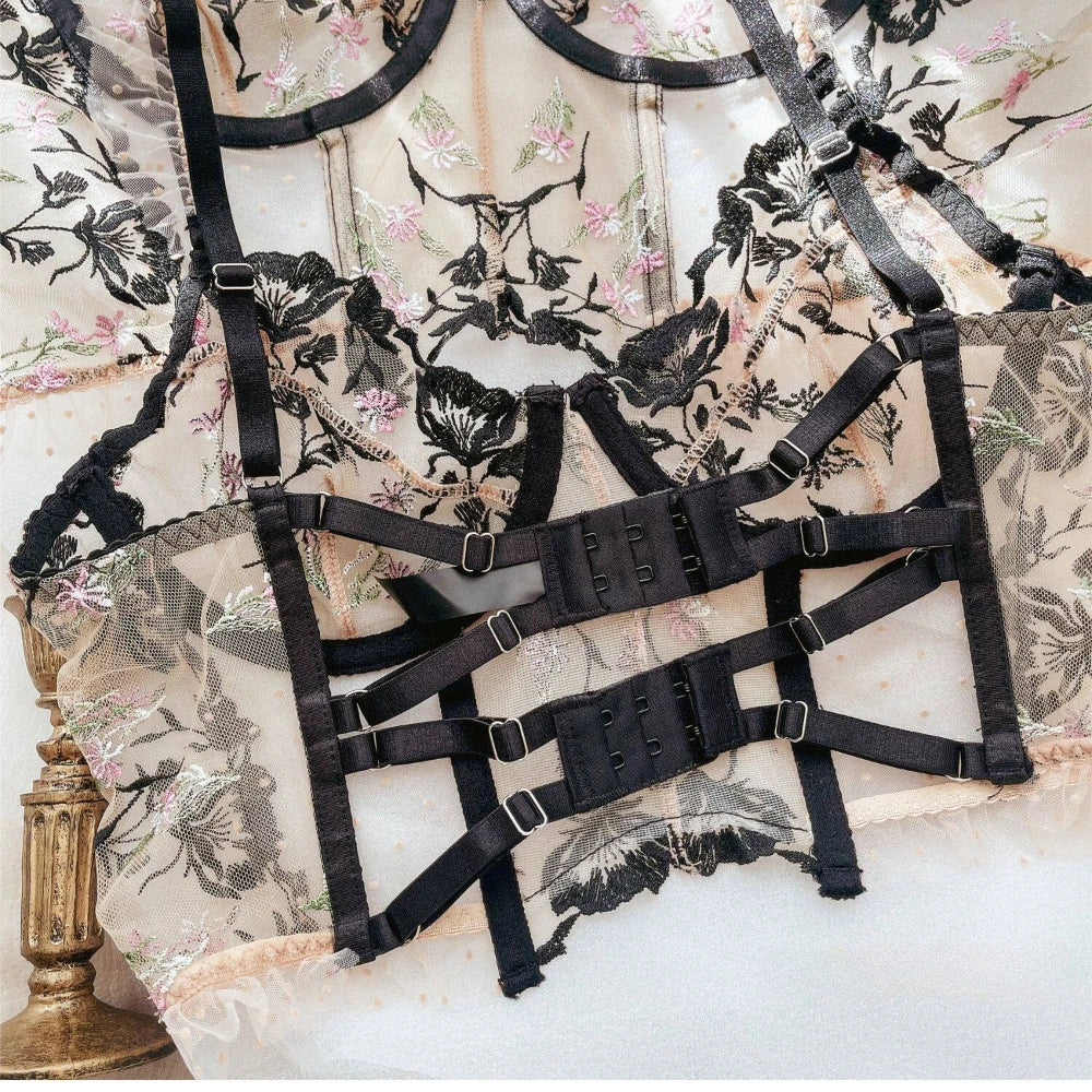 Sexy Lace Flowers Embroidery Lingerie Set Summer Ultra Thin Breathable Bra and Thong Sets Women Wide Version Romantic Underwear