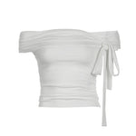 Korean Style Solid Color Women's Top Casual Slash neck Crop Top Fahionable Slim Fit White Tee Lady Summer Night Out Dress up