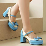 Plus Size 32-48 Sweet Lolita Patent Leather Mary Jane Shoes Women Gothic Square Toe Bow Tie Platform Chunky Heels Brogue Pumps