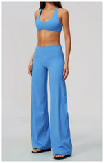 Summer 2 Piece Yoga Sets Women Tight Back Cross Sports Bra High Waist Peach Hip Wide Leg Pants Gym Running Fitness Workout Suits