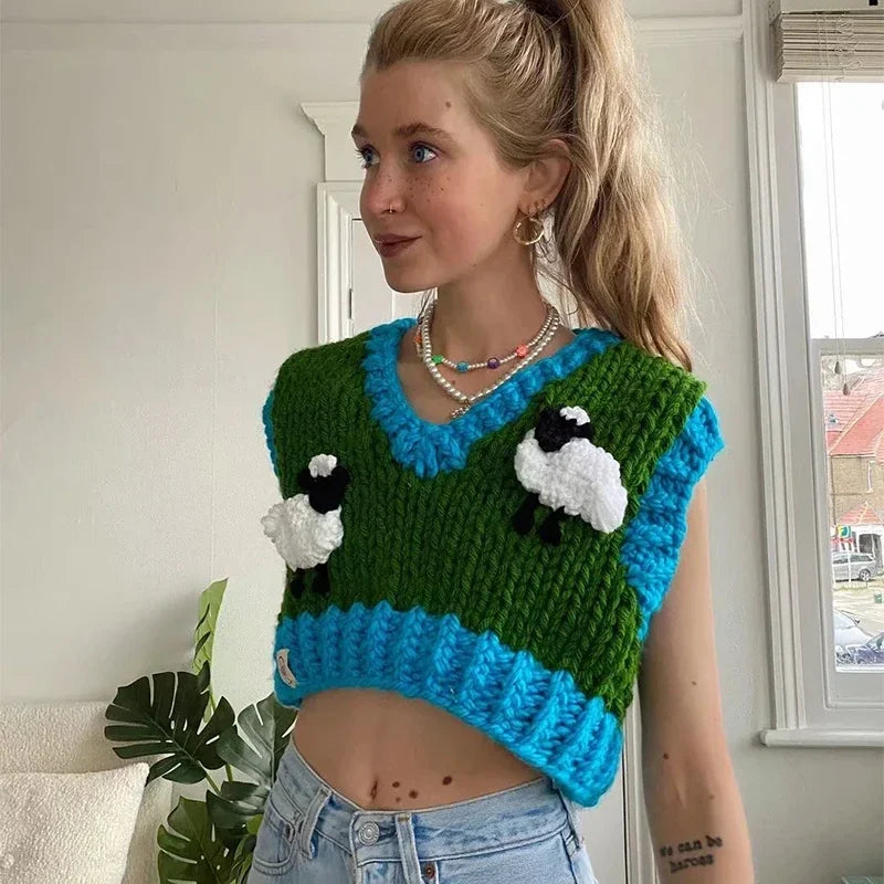 Foridol Sheep Knitted Sweater Vest Vintage Animal Sleeveless Blue Cropped Sweater Vest Waistcost 2025 Autumn Winter Tops