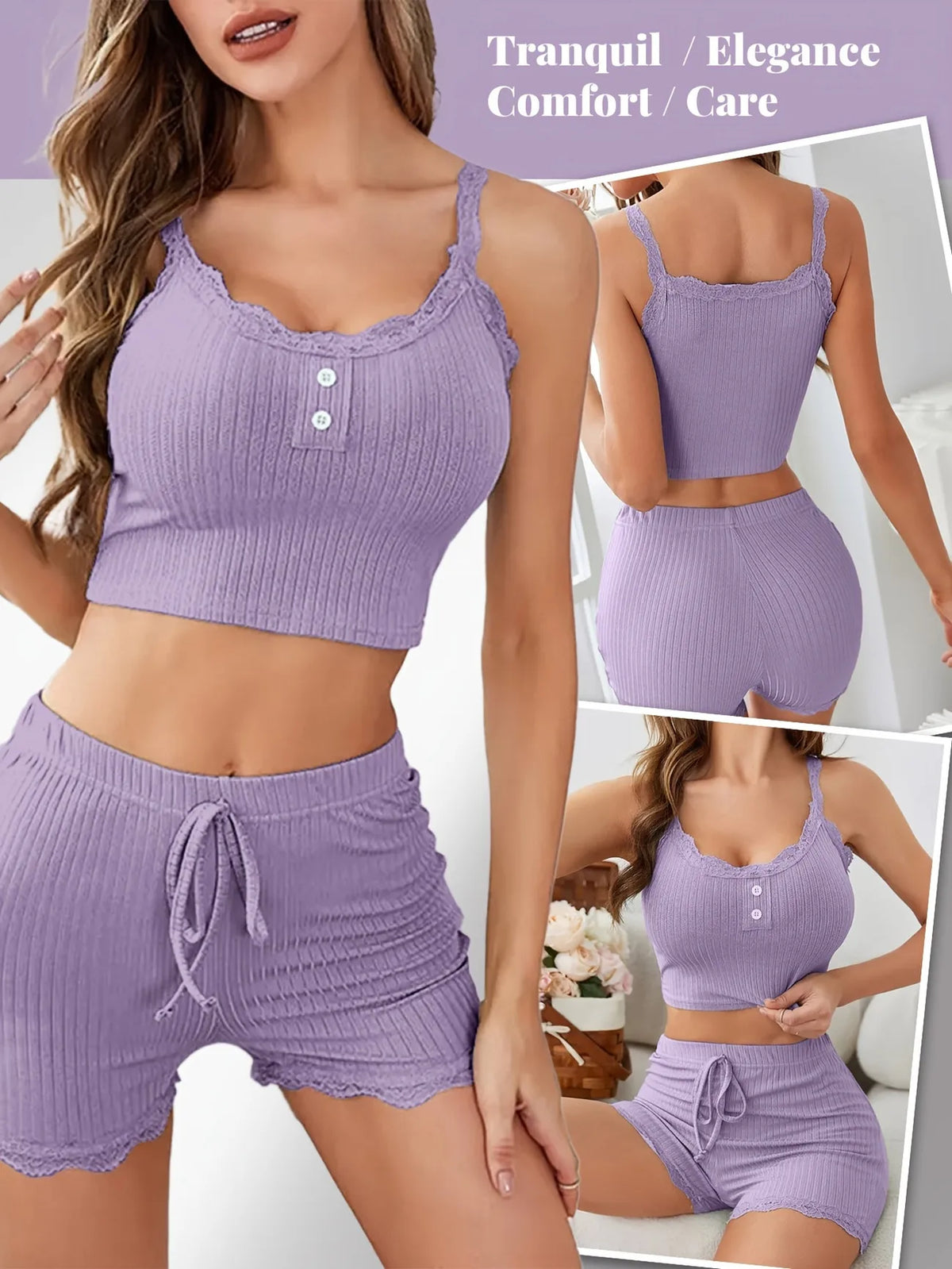 Sexy Women Summer Pajama Set Ribbed Lace Trim Backless Crop Cami Top and Shorts Slim Fit Sleepwear Nightwear Lounge Set