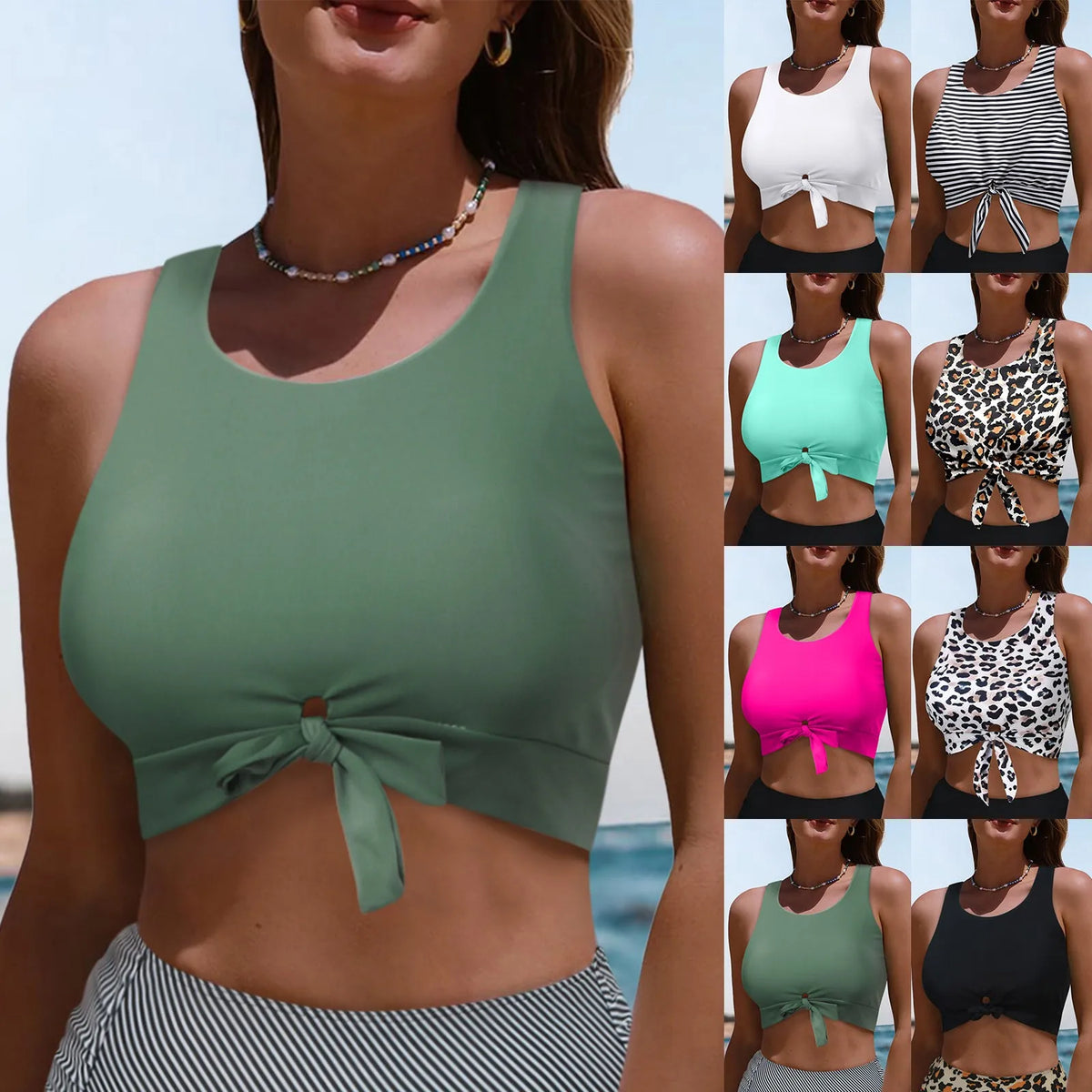 Women's Swimsuit Sexy Bikini Solid Leopard Print Padded Bra Tops Swimwear Bathing Swimming Crop Top Female Summer Beachwear