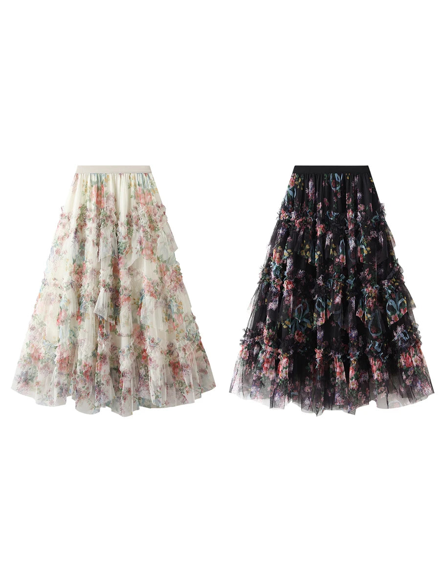 Early Fall Floral Print Ruffle Mesh Skirt Women Irregular Flowy A-line Midi Skirt for Travel, Beach, Shopping