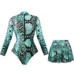 Slimming Mesh Swimsuit One Piece with Long Sleeves Sexy Bathing Suit Featuring Skirt & Long Pants Bodysuit for Smart Beach Wear