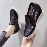 Slip On Height Increasing Mesh Shoes Women 2026 Summer Breathable Hollowed Wedge Heel White Sneakers