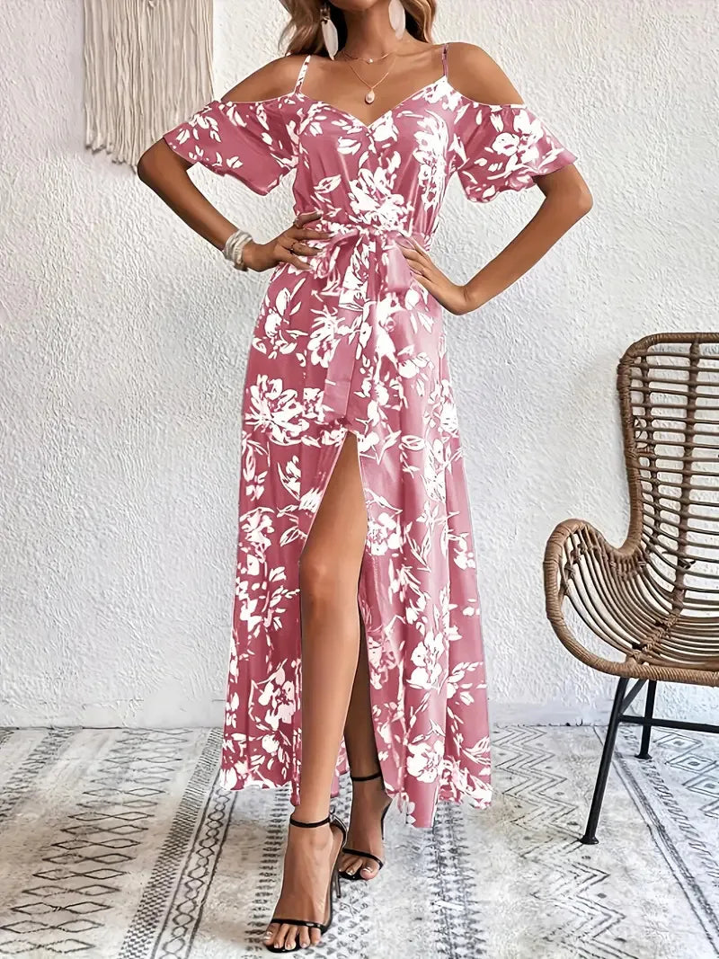 New Summer Women Print Dress 2025 Fashion ElegantVacation Party Short Sleeve Slim V-neck Slit Long Dresses Vestidos Para Mujer