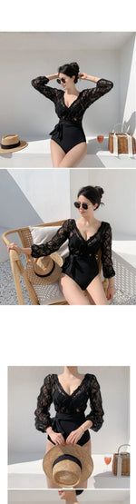 Long Sleeve Korean Style One Piece Swimwear Women Solid Black Mesh Patchwork Belt Push Up Bathing Suit Swimwear Monokini 2025