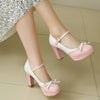 Plus Size Crossed Thin Ribbon Bow Shallow High-Heeled Shoes Patent Leather Splicing White PU Sweet Lolita Style Pumps