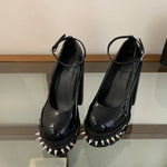 Punk Style Black Rivet Buckle High Heels Women's Trendy Gothic Sizes 36-43 Waterproof Platform Belt Buckle Thick Heel Nude Shoes