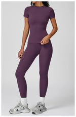 New Yoga Set Two Piece Women Short Sleeve Top with High Waist Leggings Seamless Workout Clothes Patchwork Sport Fitness Gym Sets