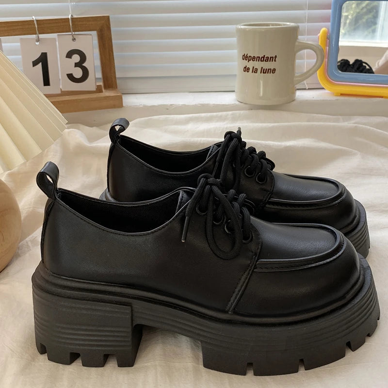 Retro Pu Leather Platform Oxford Shoes Women Japanese Style Thick Sole Black Student Shoes Woman Lace Up Thick Heel Pumps Female