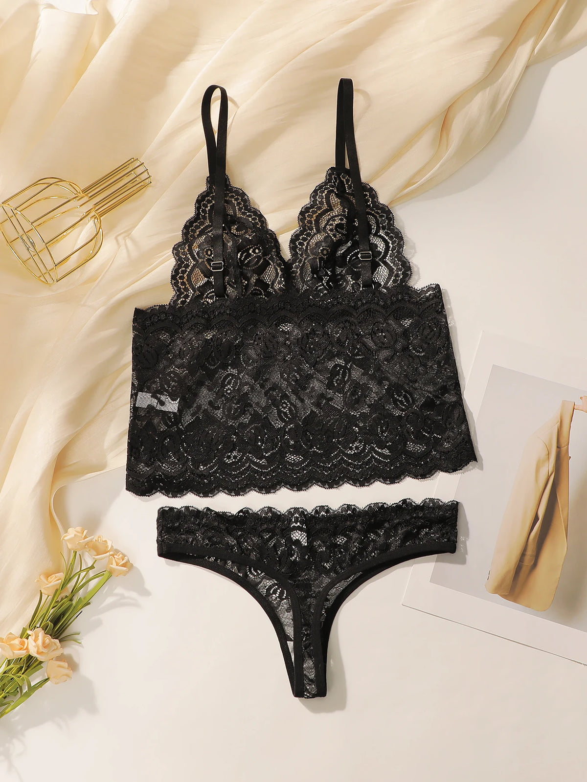 Women's Sexy Lace Set Push Up Embroidered Flower Fun Transparent Underwear Seamless Comfortable Close Fitting Underwear Set 2099