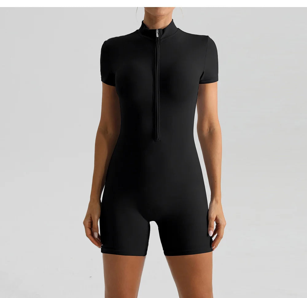 Yoga Jumpsuit Fashion Zipper Dance Short Playsuit Women Romper Short Sleeve Gym Fitness Overalls One Piece Sports Suit Unitard