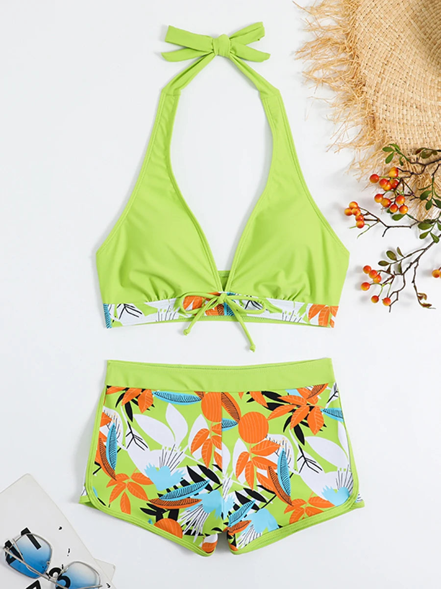 Halter Bikinis 2026 Women Printed Swimsuit Shorts High Waist Swimwear Female Bathers Swimming Bathing Suit Summer Beachwear