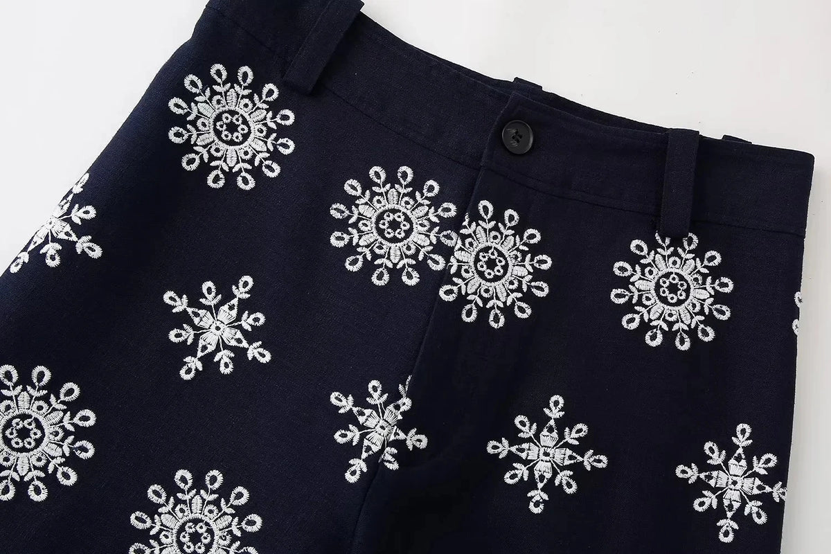 Foridol Floral Embroidery Cropped Pants Women Summer Casual Zip Navy Blue Fashion Female Pants Pantalones 2025 Mujer