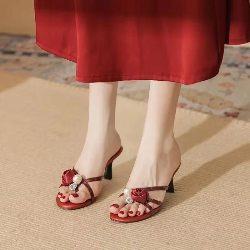 Liyke 2026 New Fashion Flowers Pearl Women Slippers Summer Party DressSandals