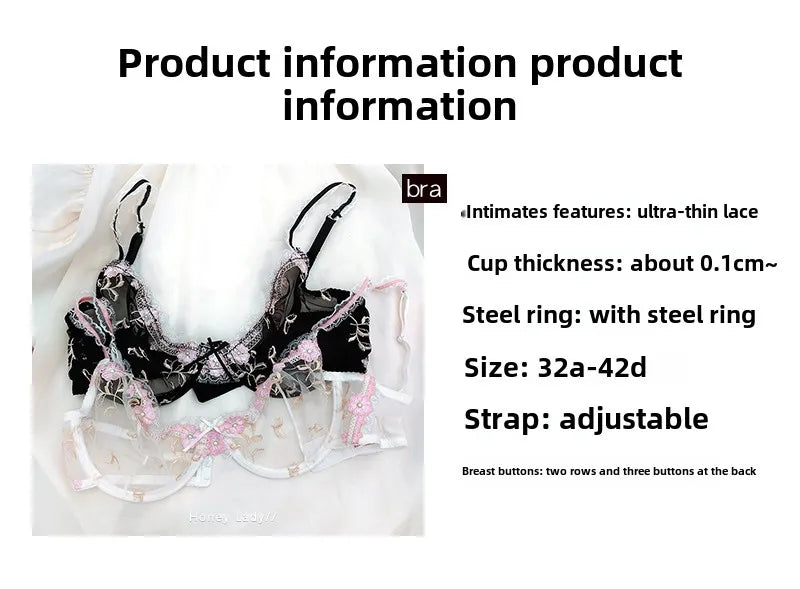 Pure Wind Ultra-thin Lace Underwear Women's Big Chest Small with Underwire Sexy Retraction Breast Support Breathable Bra Set ABC