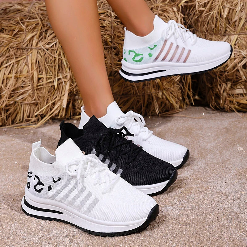 2026 Hollow Out Breathable Sneakers Women Plus Size Printed Thick Sole Walking Shoes Woman Comfortable Knitted Flats Female