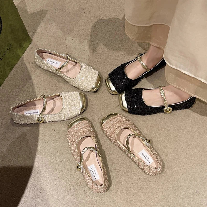 Elegant Solid Color Bling Mary Janes Shoes Women Spring Autumn Buckle Strap Party Flats Woman Shallow Square Top Shoes Lady
