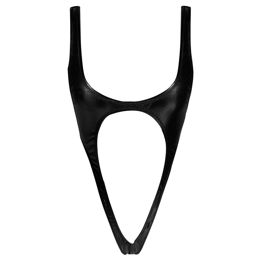 S - XL Black Shiny PU Faux Leather Cut Out Thong Women Swimwear One Piece Swimsuit Female Bather Bathing Suit Monokini V1985C