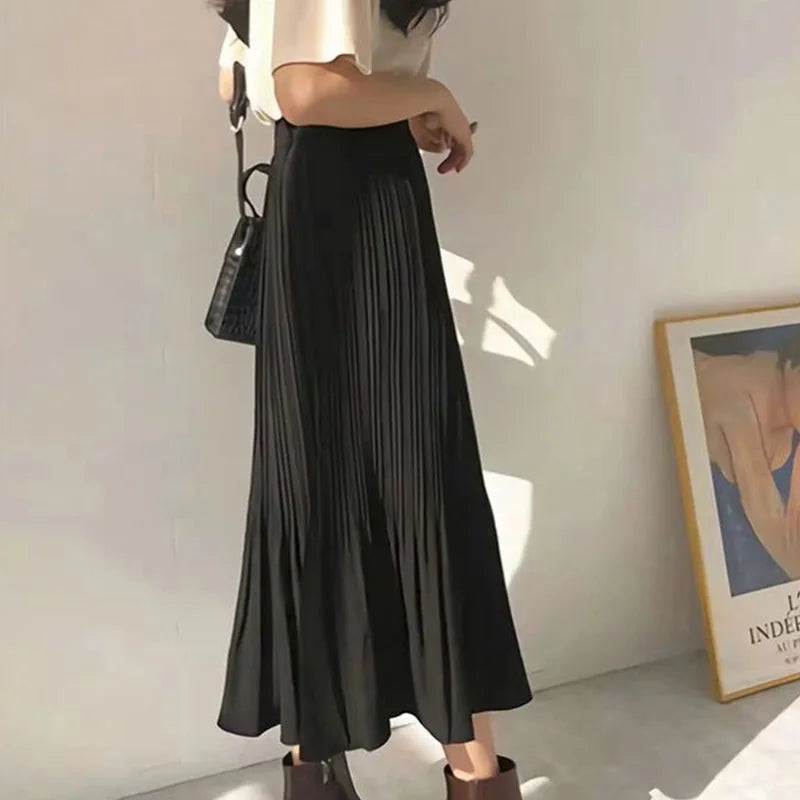 High Waist Elastic Pleated Skirt for Women Spring Summer Chiffon Skirts Vintage Patchwork White Black Long A-Line Skirt