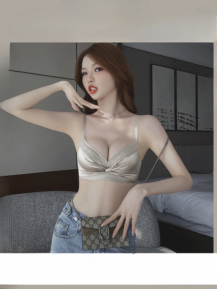 MOYISU Lingerie Women's Small Chest Gathering Summer No Underwire Retraction Breast Anti-sag Flat Bra Cover Underwear Set