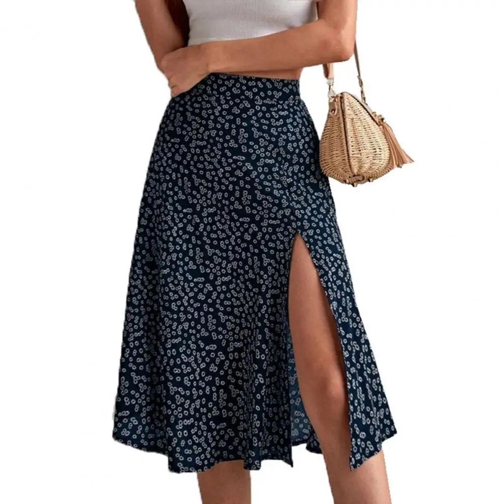 Women Summer Skirt Slit A-line High Waist Floral Print Loose Dress-up Elegant Breathable Lady Midi Skirt Female Clothes
