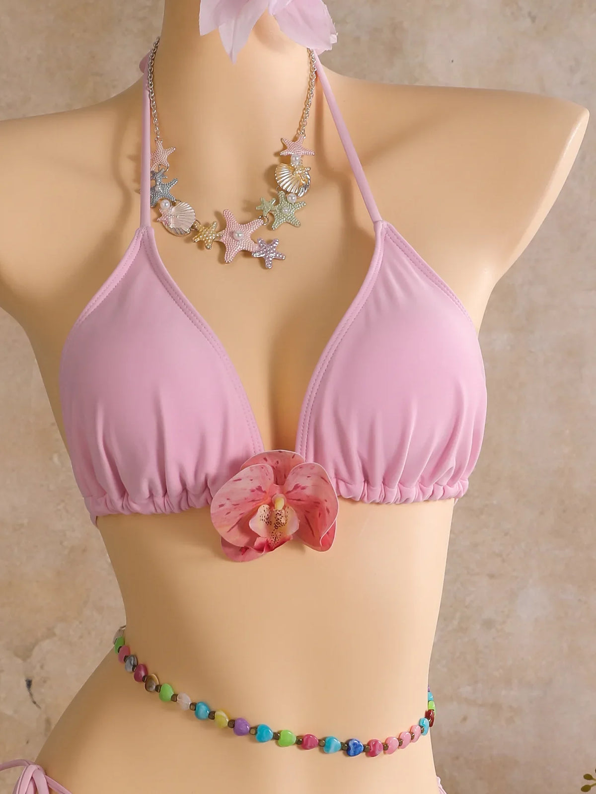Vintage Pink Floral Tie Dye Gradient Bikini Set 2026 Women 3D Flower Push Up Bra Cover Up 3 Piece Swimwear Bathing Suit Swimsuit