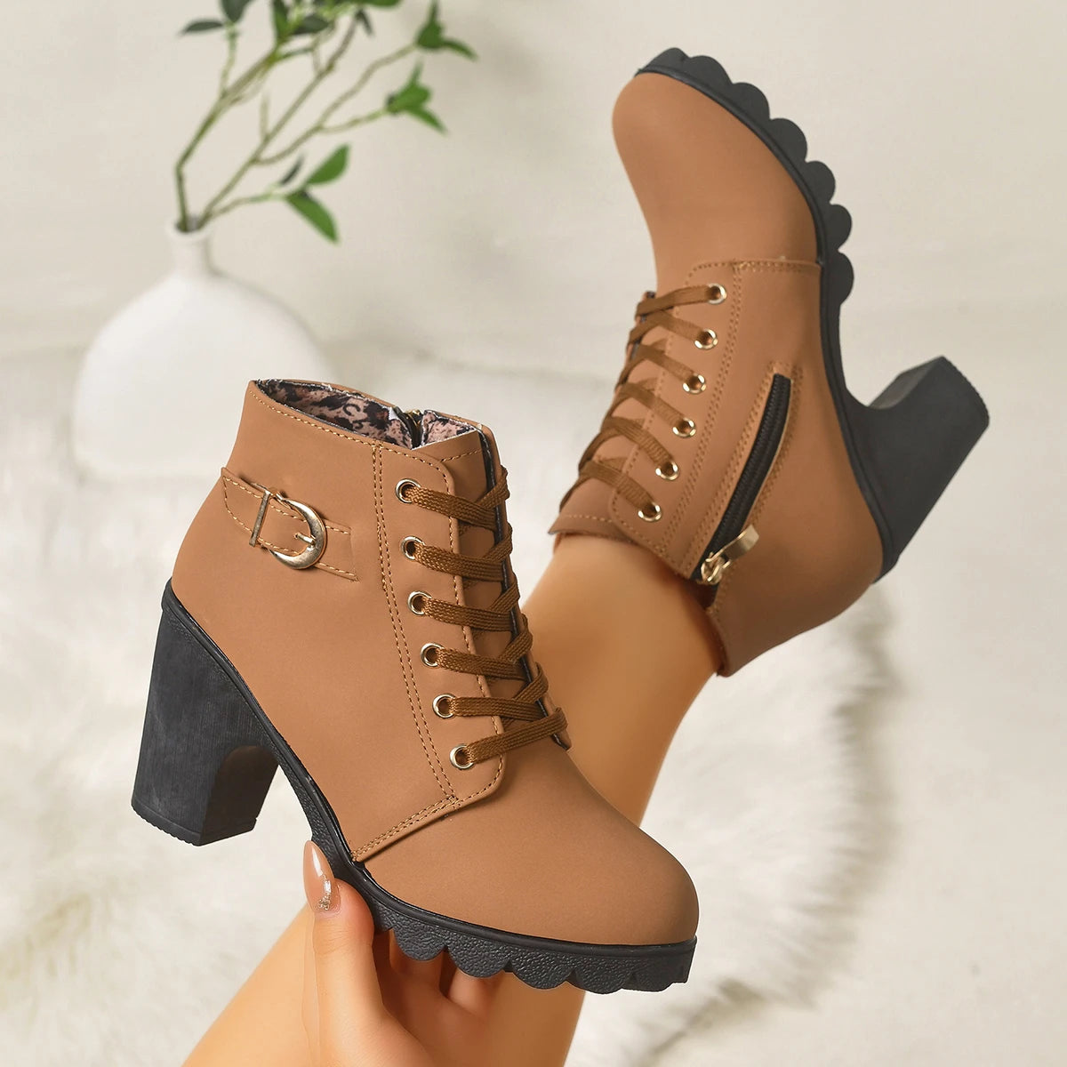 Women Lace‑Up Ankle Boots Metal Buckle Decor Side Zipper Chunky Block Heel Lug Sole Combat Short Booties Fall Winter Large Size