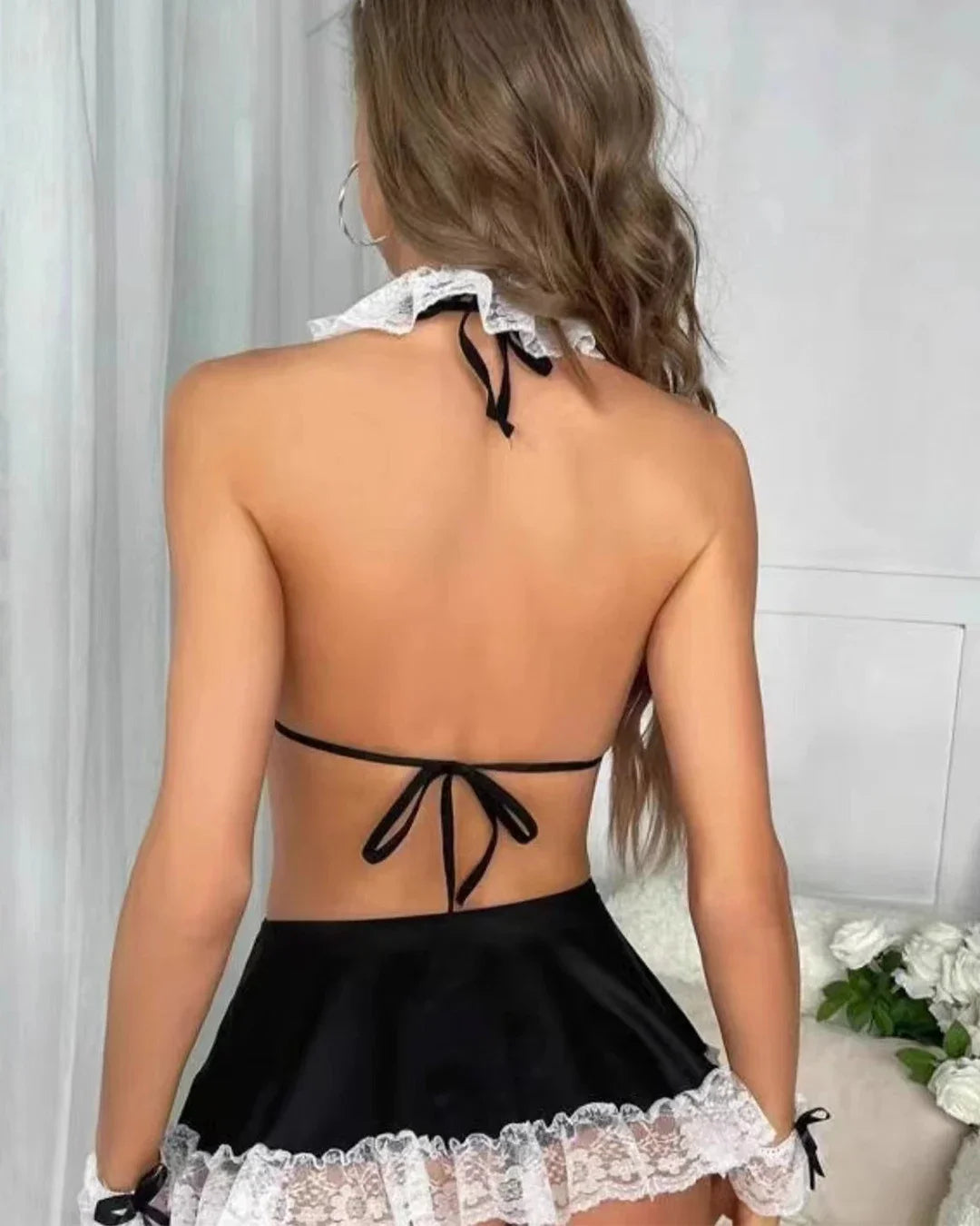Ellolace Halloween Lingeries Sexy Hot Maid Cosplay Bra Skirt Thong 3PC with Accessories Cute Contrast Color Lolita Party Costume