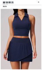 Women's Tracksuit Yoga Set 2 Pieces High Waist Pleate Pocket Skort Fitness Suit Turn Down Collar V Neck Slim Tank Top Sporstwear