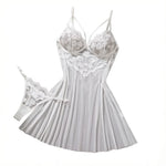 White Daisy Floral Lace Sheer Mesh Babydoll Lingerie Set Slip Nightdress With Matching Thong Women Sexy Sleepwear ZA825096