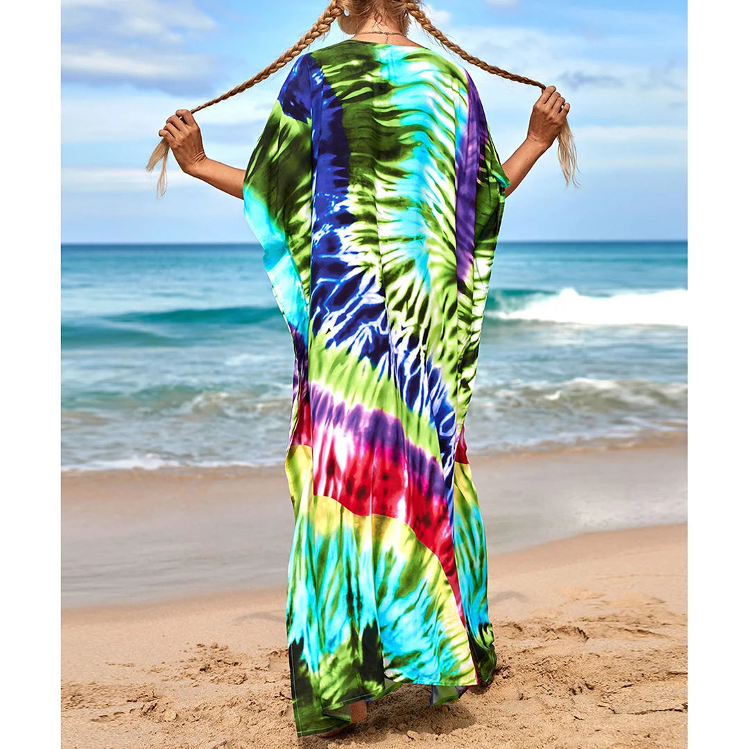 2026 New Colorful Kaftan Tunic Beach Dress Beach Wear Beachwear Beach Cover Up Cover-upsLoose Maxi Dress Female Women V4428