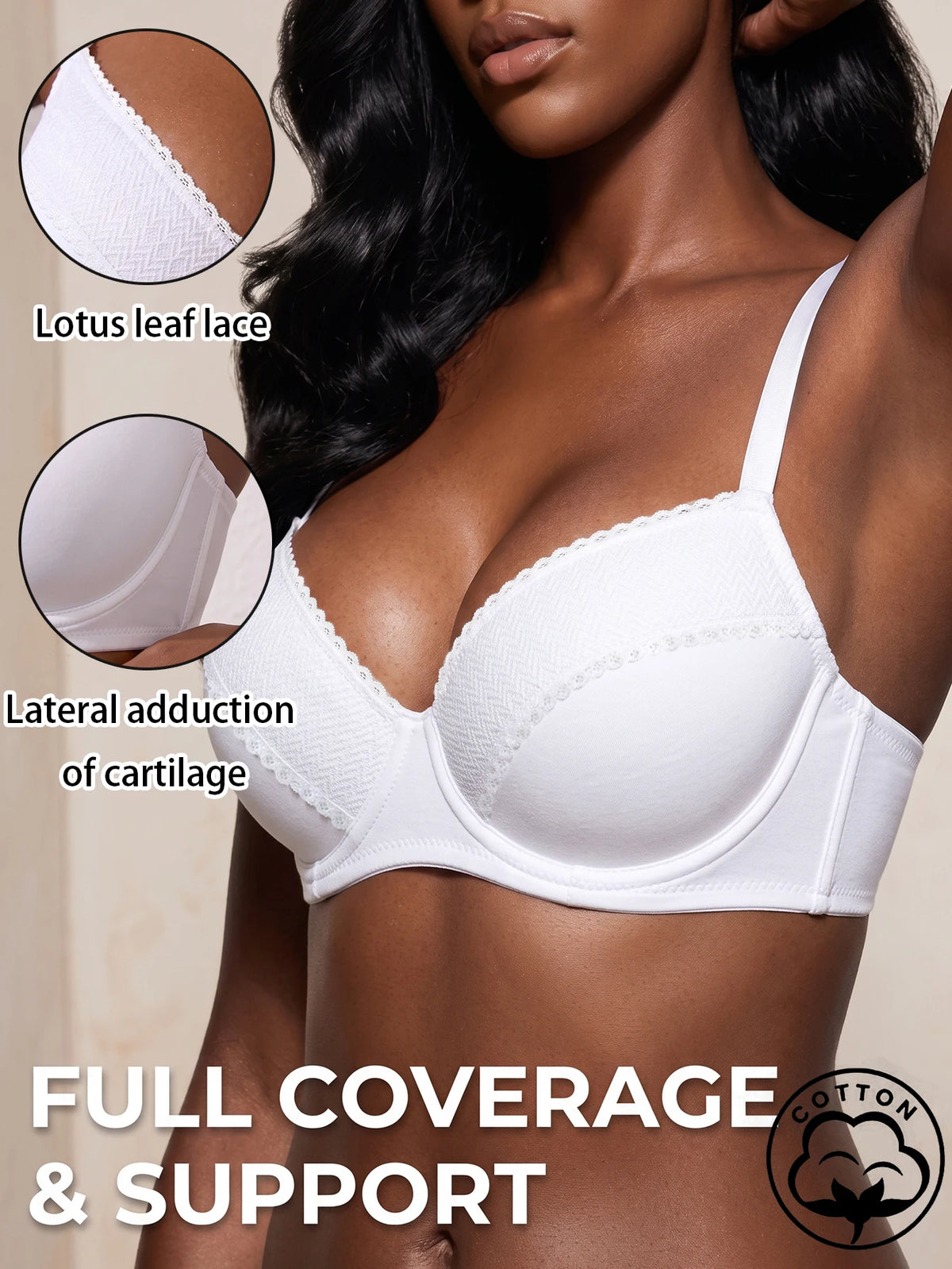 Women Solid Cotton Bra Lace Full Coverage Support Push Up Bra Skin-friendly Comfort Adjustable Lingerie