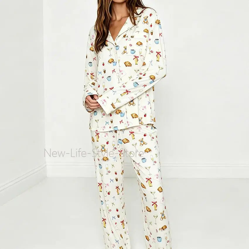 Women Autumn Winter Milk Silk Knit Pajama Set Lapel Open Front Printed Top Straight Pants European Style Ladies Sleepwear