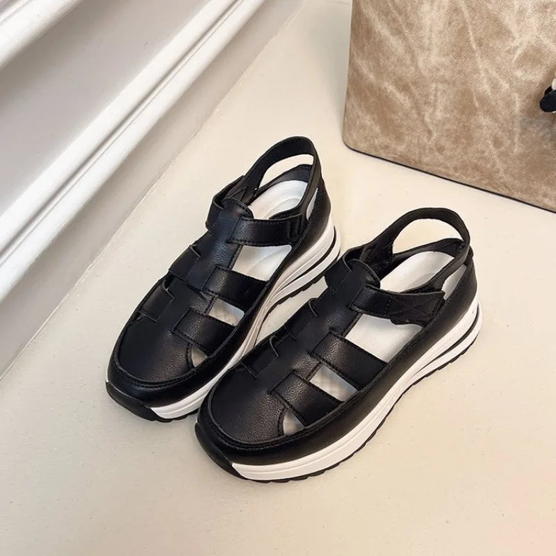 Ladies Shoes 2026 High Quality Buckle Strap Women's Sandals New Closed Toe Office and Career Summer Solid Wedge Sandals