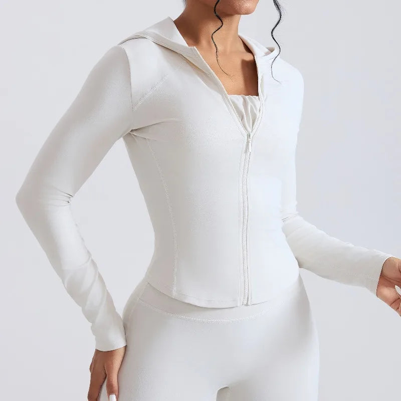 Women's Nude Faux Leather Yoga Top Windproof Tight Fitting Slimming Waist Cinching Zipper Sports Jacket Outdoor and Fitness Top