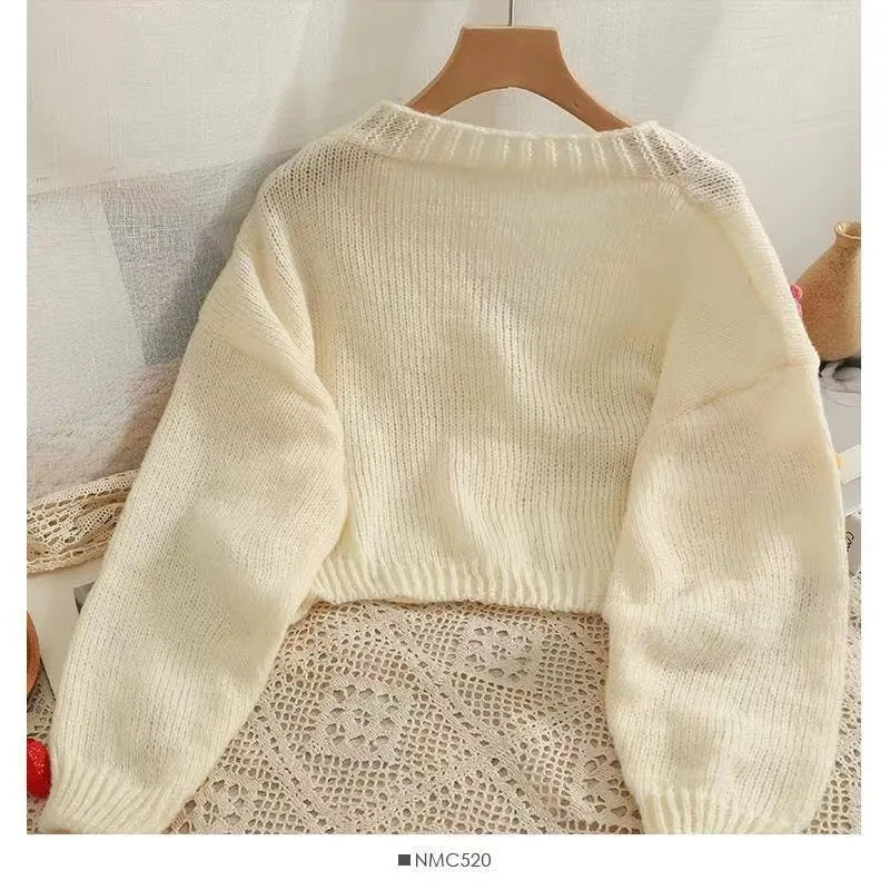 New Autumn Colourful Applique Flower Cardigan for Women Cute LongV-neck Knit Crop Sweater Girl Soft Knitwear