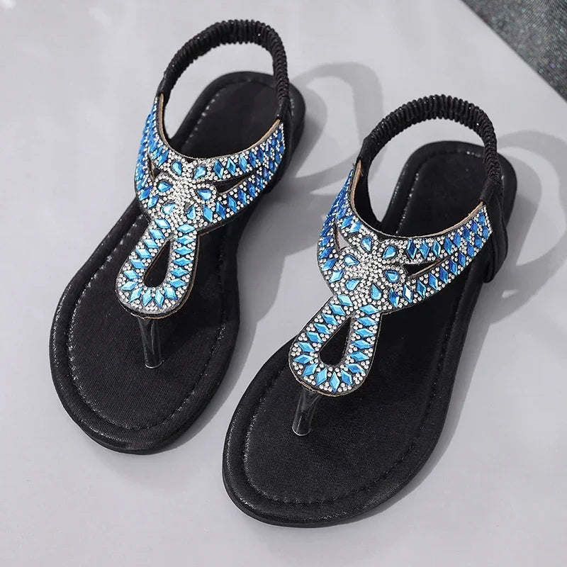 Luxury Rhinestone Clip Toe Sandals Women Summer Plus Size Slip On Flat Sandles Woman Soft Sole Non Slip Beach Sandalias Mujer