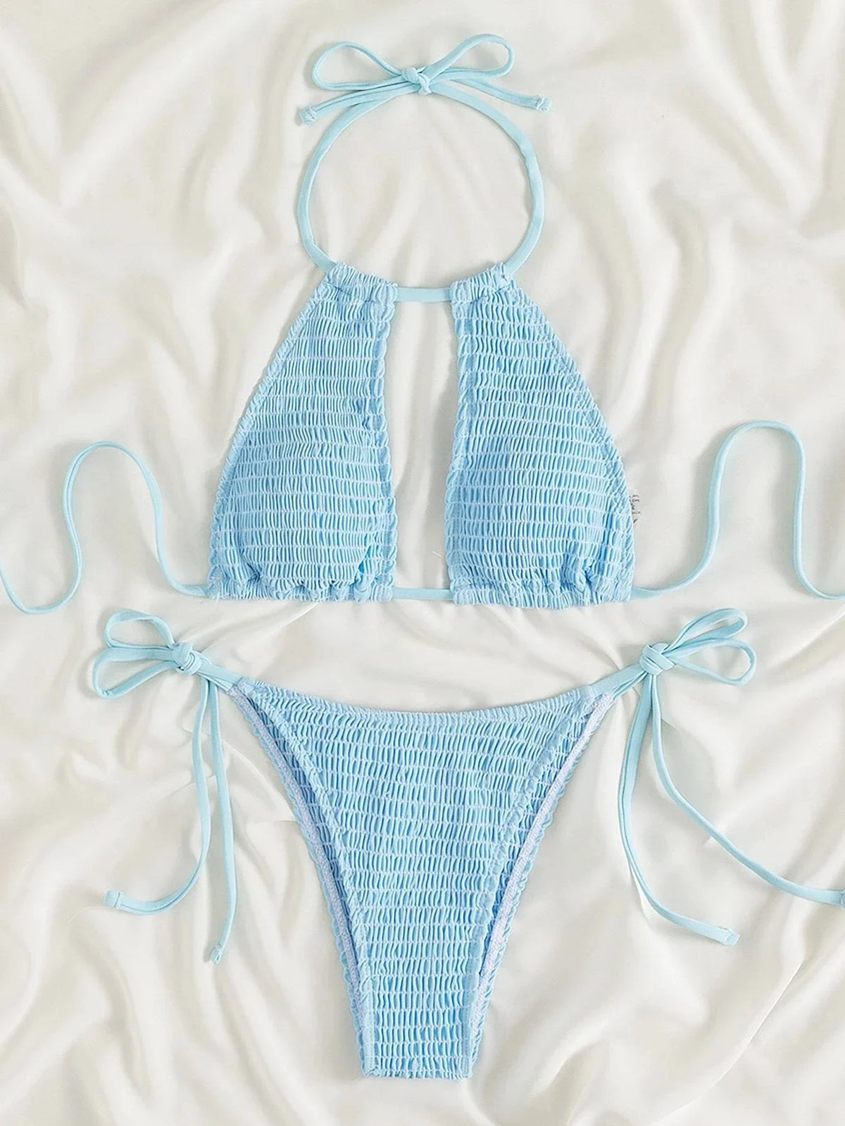 2025 Halter Tie Side Hollow Out Smocked Bikini Women Swimsuit Female Swimwear Two Pieces Bikini Set Swim Bathing Suit Beach Wear