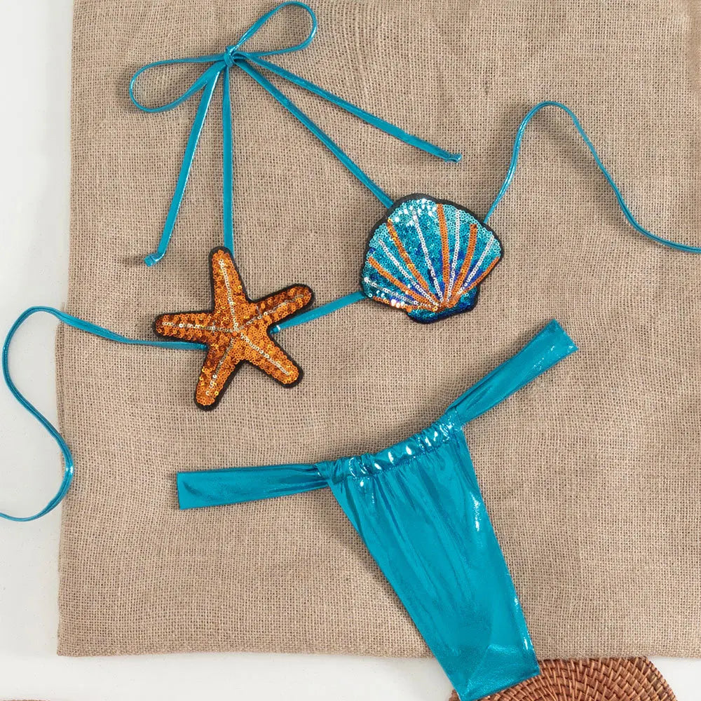 New Shiny Sequin Shell Starfish Bikini Set Women Sexy Push Up Pleate Thong Swimsuit Brazilian Beach Bathing Suit Micro Swimwear